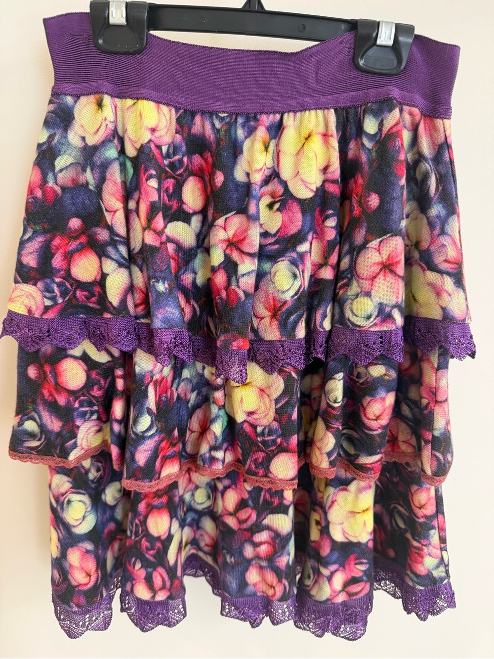 Cecilia Prado Tiered Floral Purple Lace-Trim Skirt, size L